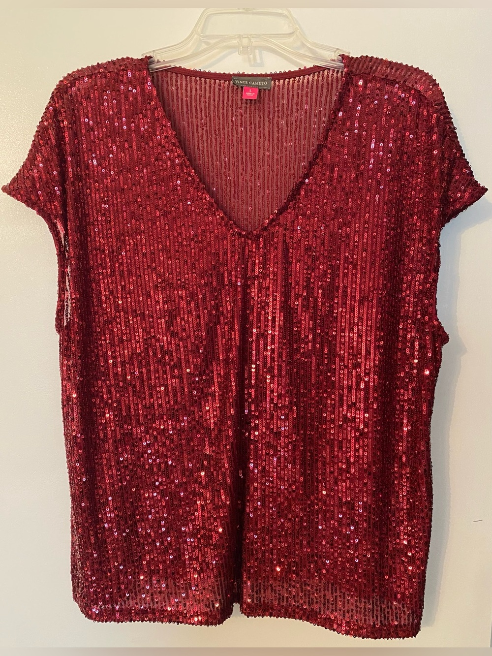 Vince Camuto Sequined V-Neck Short Sleeve Top in Ruby